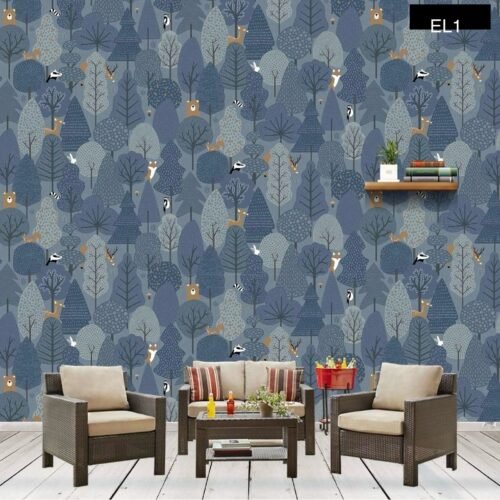 NAVY BLUE MURIVA WILD WOODLAND  ANIMALS TREES WESTERN WALLPAPER