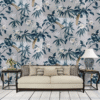 VINTAGE BOTANICAL BIRD AND FLORAL PRINT ON LIGHT GREY TEXTURED SURFACE WALLPAPER