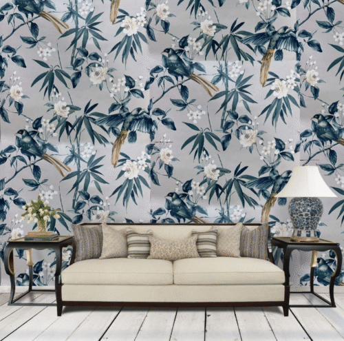 VINTAGE BOTANICAL BIRD AND FLORAL PRINT ON LIGHT GREY TEXTURED SURFACE WALLPAPER