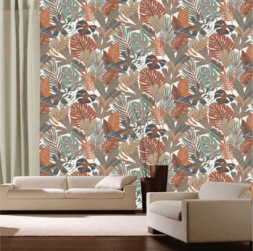 TROPICAL PASTEL GREEN AND WHITE TROPICAL LEAVES ON LIGHT GREY TEXTURED AND BURNT ORANGE WESTERN WALLPAPER