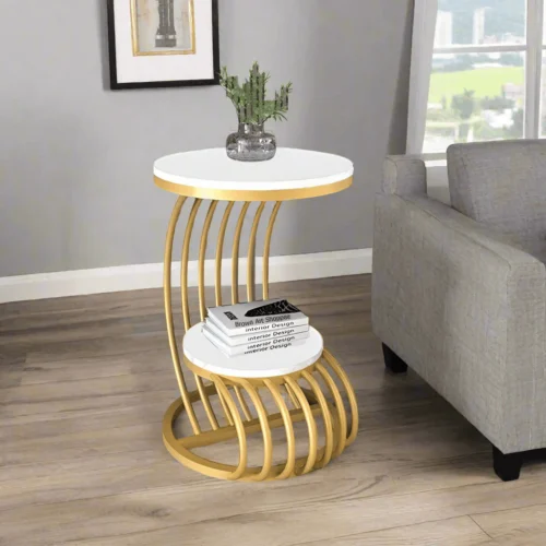 Modern Metal Base Marble Finish Laminated Golden & White Top End Table