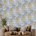 GOLD AND GREY HANDCRAFTED PALM LEAF MOTIF ON LIGHT GREY TEXTURED WALLPAPER