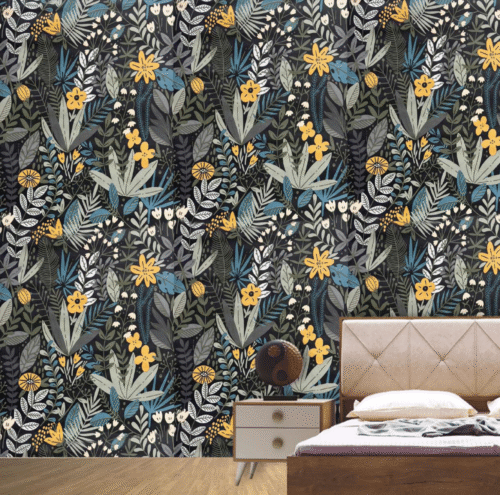 DARK BOTANICAL FLORAL PRINT WITH YELLOW BLOOMS ON CHARCOAL TEXTURED WESTERN WALLPAPER