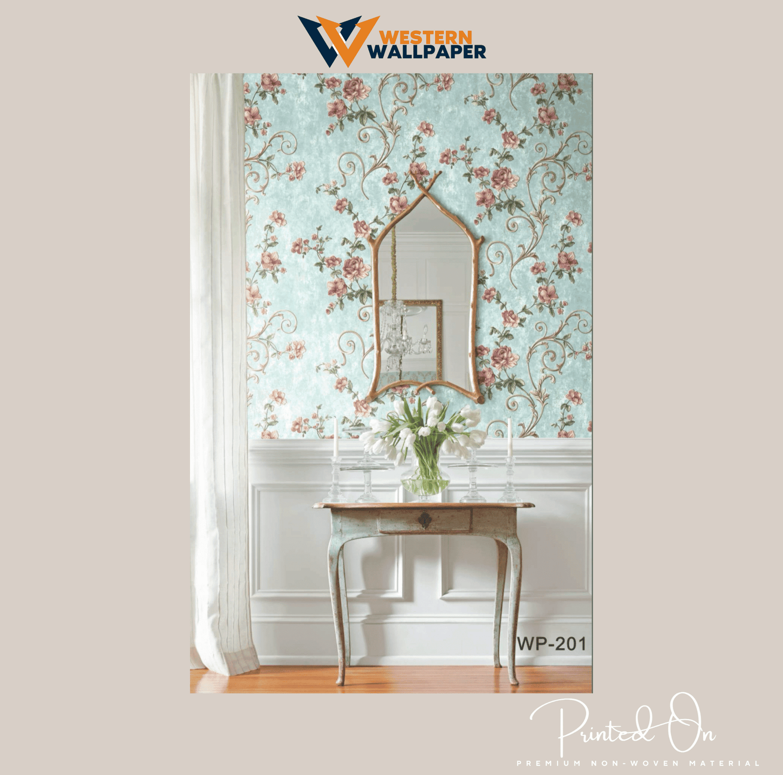 ROMANTIC FLORAL DAMASK WALLPAPER IN AQUA AND PINK FOR A TIMELESS AND ELEGANT ENTRYWAY WALLPAPER