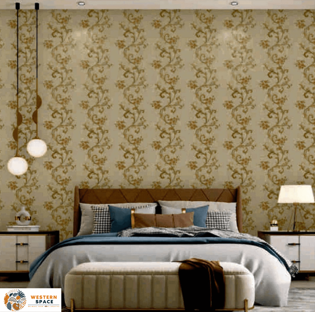 ELEGANT VINE PATTERN WALLPAPER IN GOLD AND GREEN ON A CREAM BACKGROUND FOR A CLASSIC BEDROOM WALLPAPER