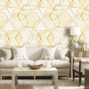 LUXURIOUS GOLD HEXAGON GEOMETRIC WALLPAPER ON A WHITE MARBLE BACKGROUND FOR A MODERN AND ELEGANT LIVING SPACE WALLPAPER