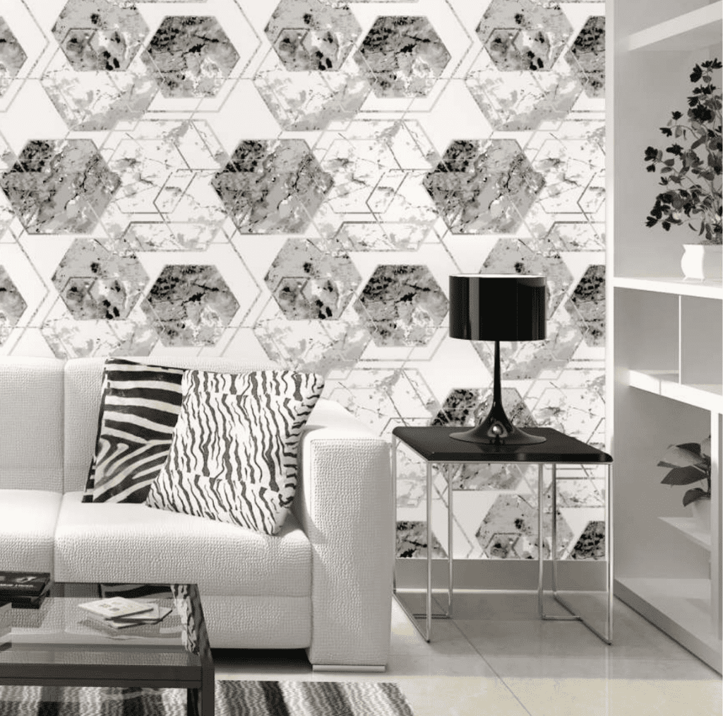 CONTEMPORARY GEOMETRIC HEXAGON WALLPAPER IN BLACK AND WHITE MARBLE EFFECT FOR A STYLISH MODERN LIVING ROOM WALLPAPER