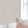ART DECO FAN PATTERN WALLPAPER IN GOLD ON A GREY DISTRESSED BACKGROUND FOR A VINTAGE AND ELEGANT TOUCH WALLPAPER