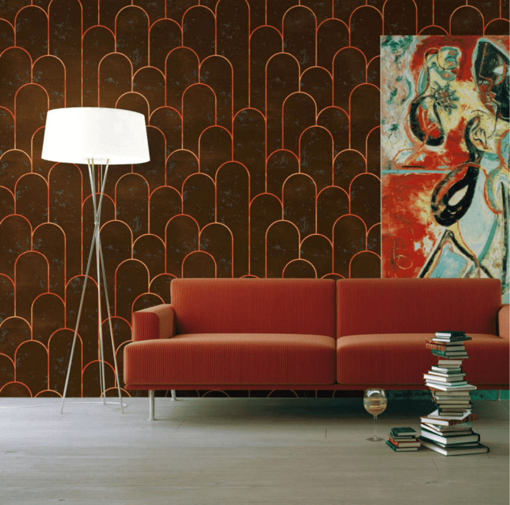 GEOMETRIC ARCH PATTERN WALLPAPER IN BROWN AND COPPER WITH A TEXTURED FINISH FOR A BOLD STATEMENT WALL WALLPAPER