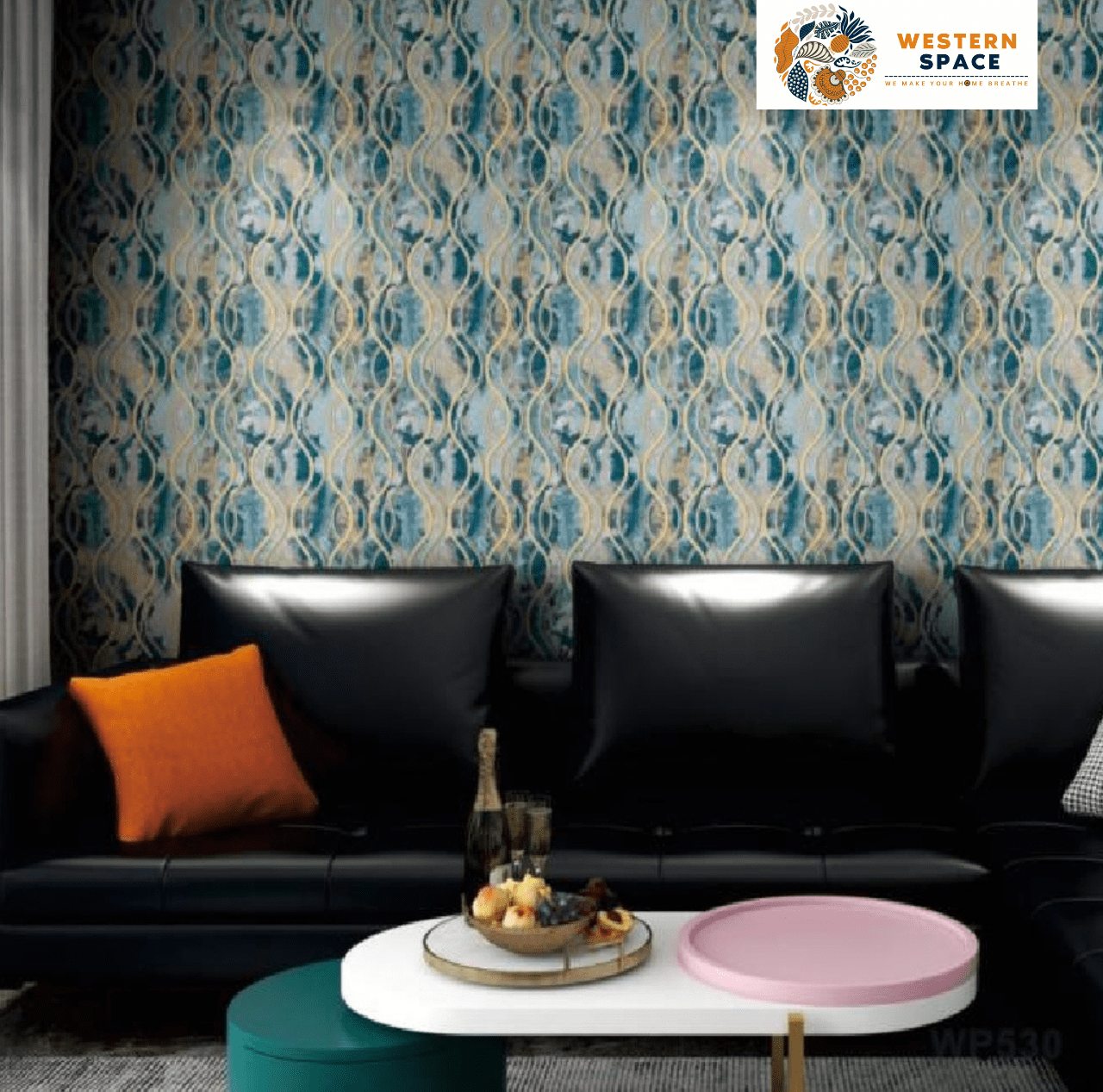LUXURIOUS WAVE PATTERN WALLPAPER IN TEAL AND GOLD FOR A SOPHISTICATED INTERIOR WALLPAPER