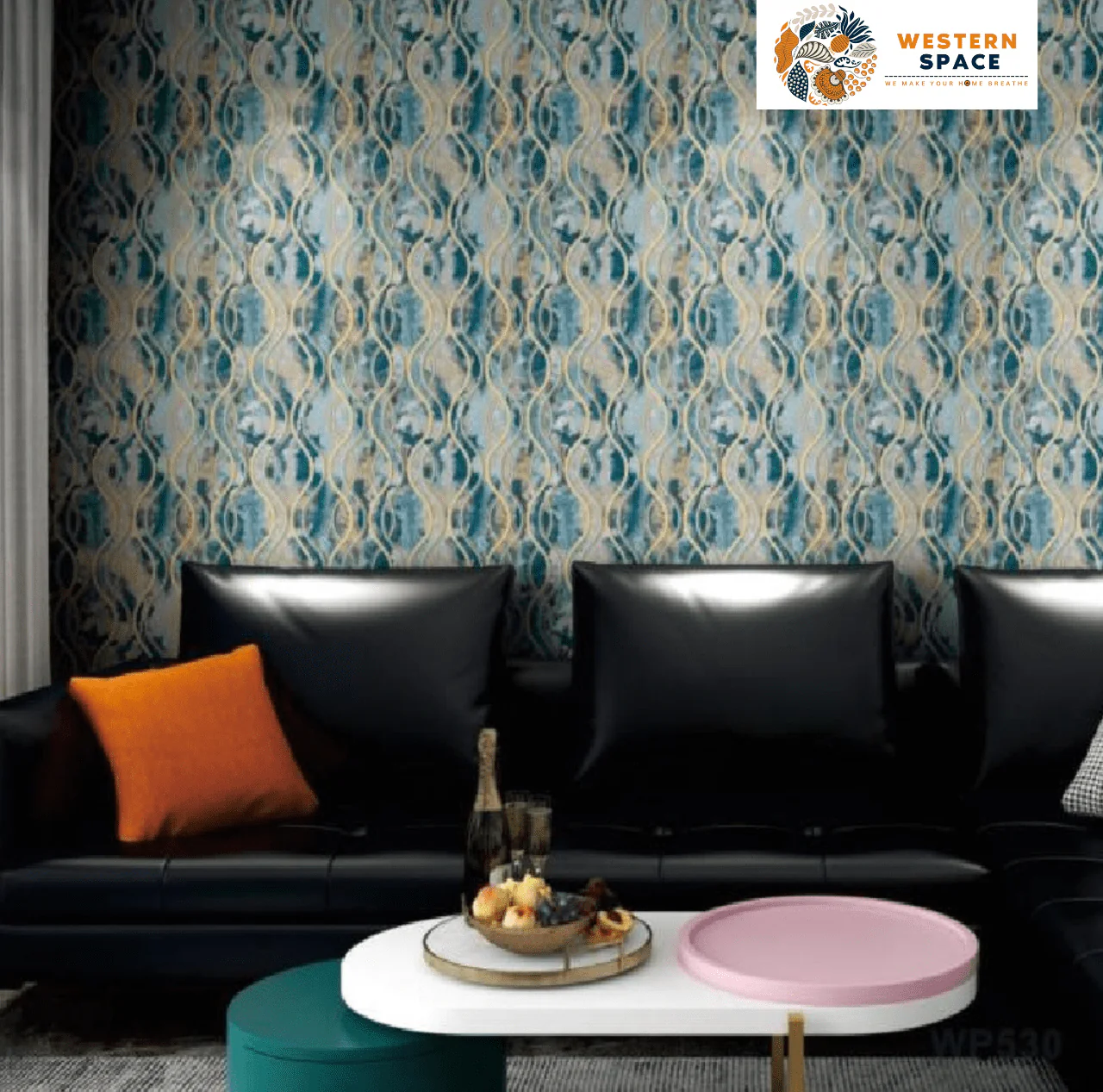 LUXURIOUS WAVE PATTERN WALLPAPER IN TEAL AND GOLD FOR A SOPHISTICATED INTERIOR WALLPAPER