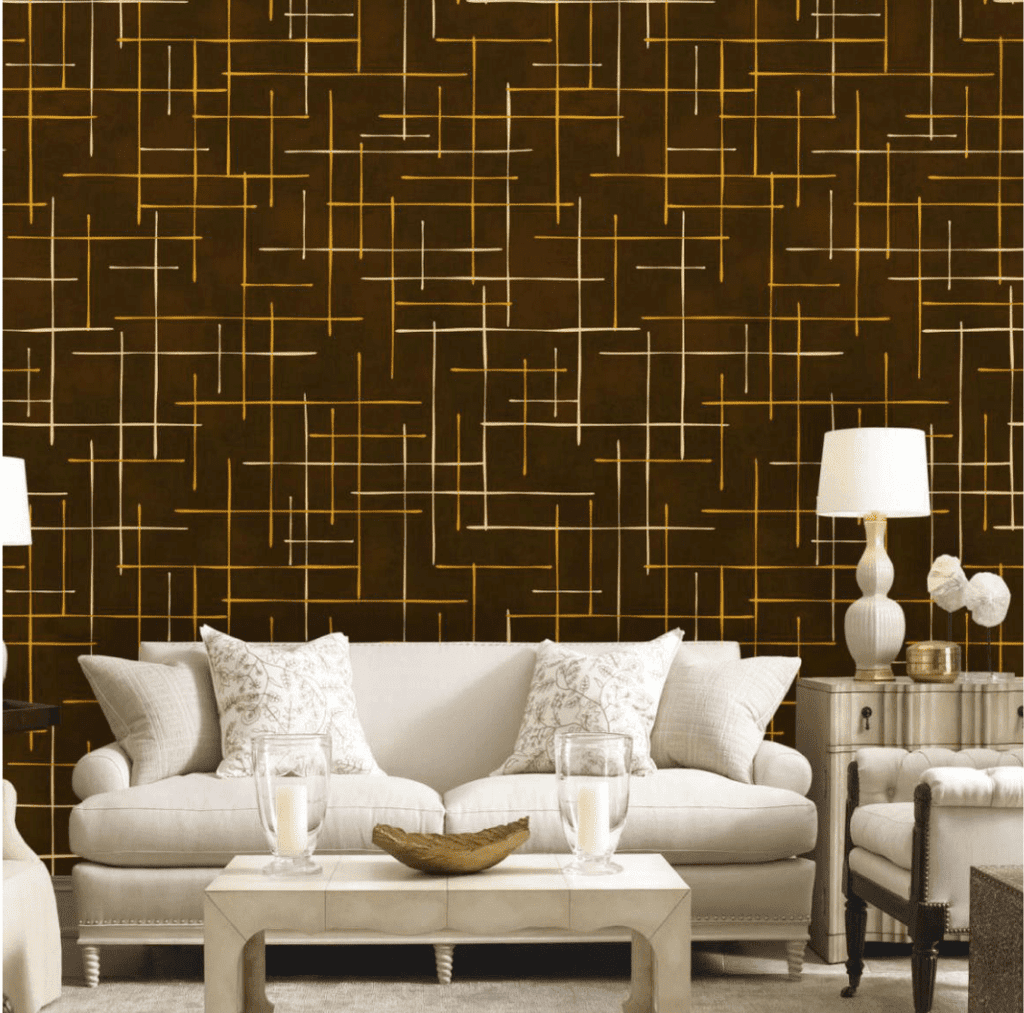 MODERN GEOMETRIC GRID WALLPAPER IN DARK BROWN AND GOLD FOR A DRAMATIC STATEMENT WALL WALLPAPER