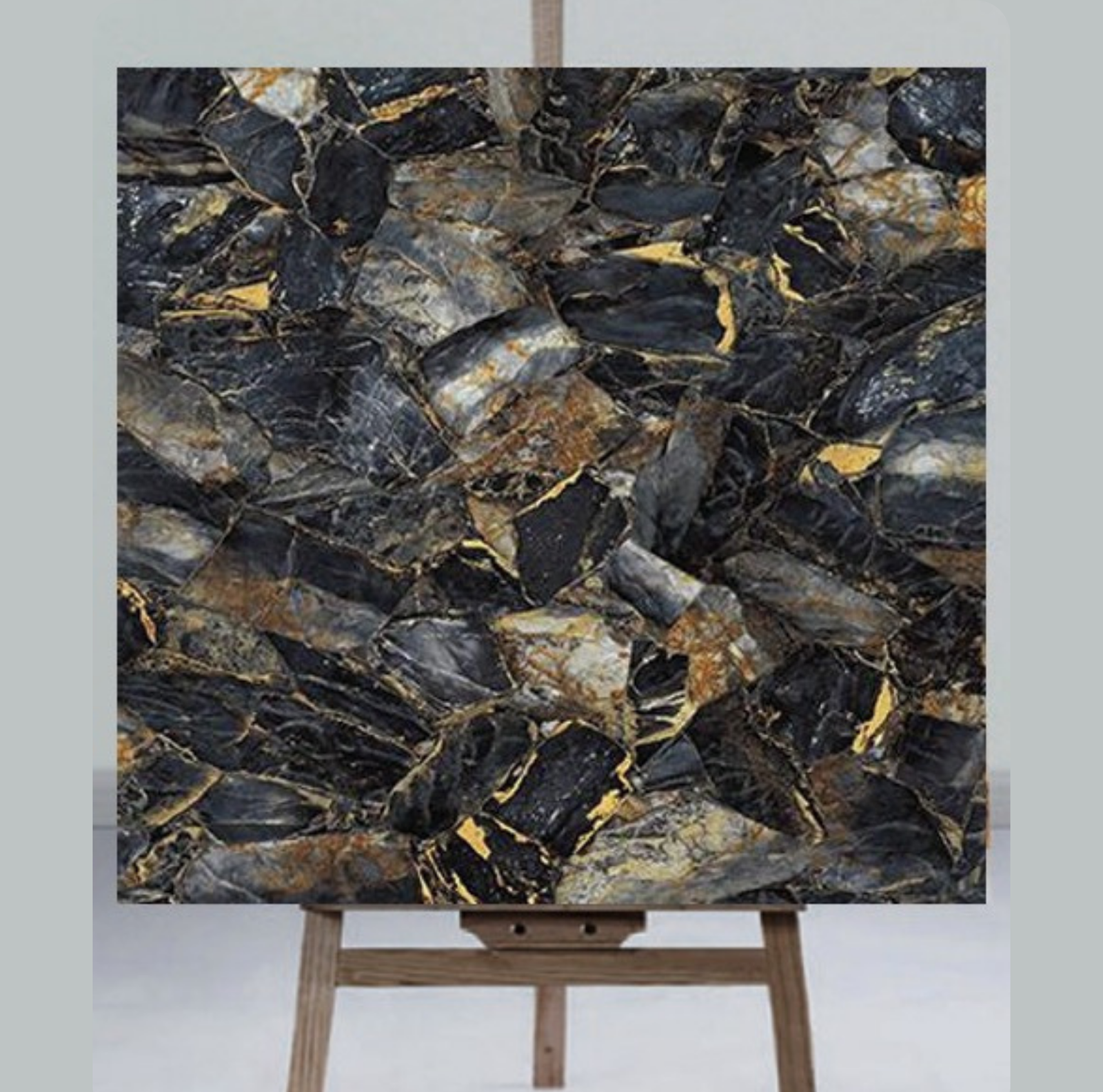 MODERN BLACK GEMSTONE MOSAIC LOOK WITH RICH GOLD ACCENTS AND STONE DESIGN UV MARBLE SHEET