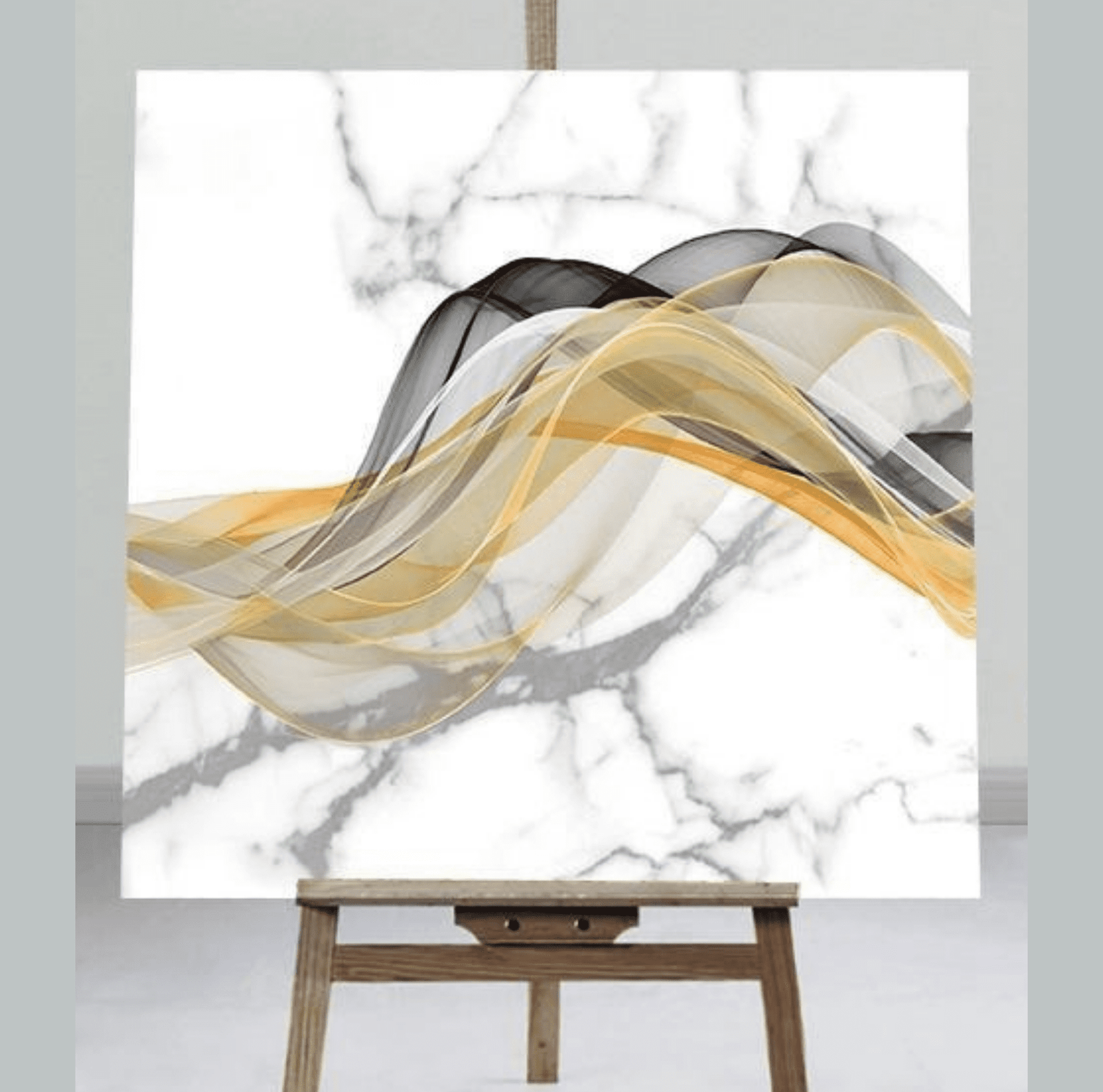 CONTEMPORARY WHITE MARBLE ABSTRACT FEATURING A FLOWING SMOKY BLACK GOLD WAVE UV MARBLE SHEET