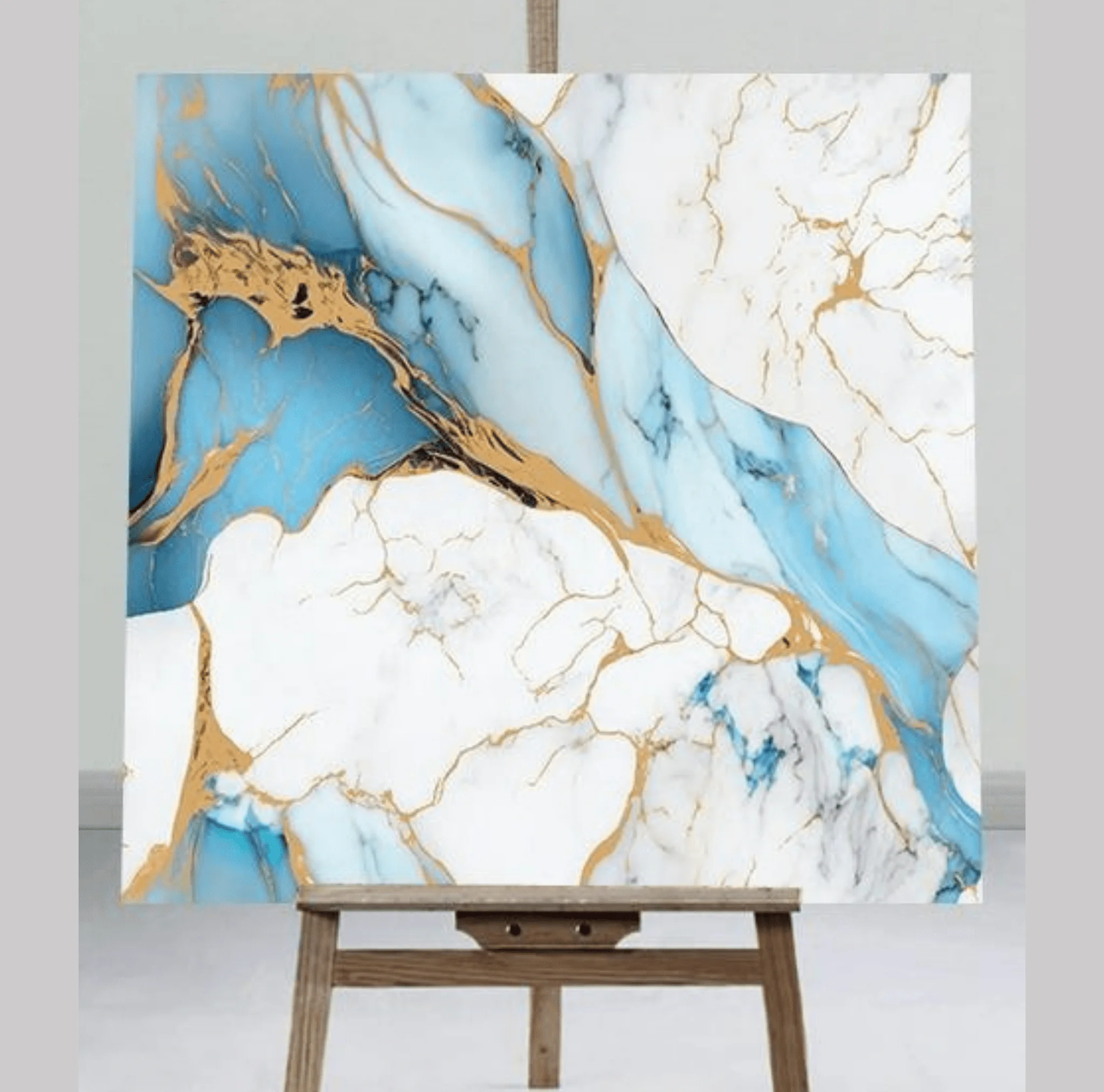 REFRESHING RIVER OF ICE-BLUE MARBLE FLOWS BETWEEN BANKS OF PRISTINE WHITE, TRACED BY A BRILLIANT NETWORK OF GOLD UV MARBLE SHEET