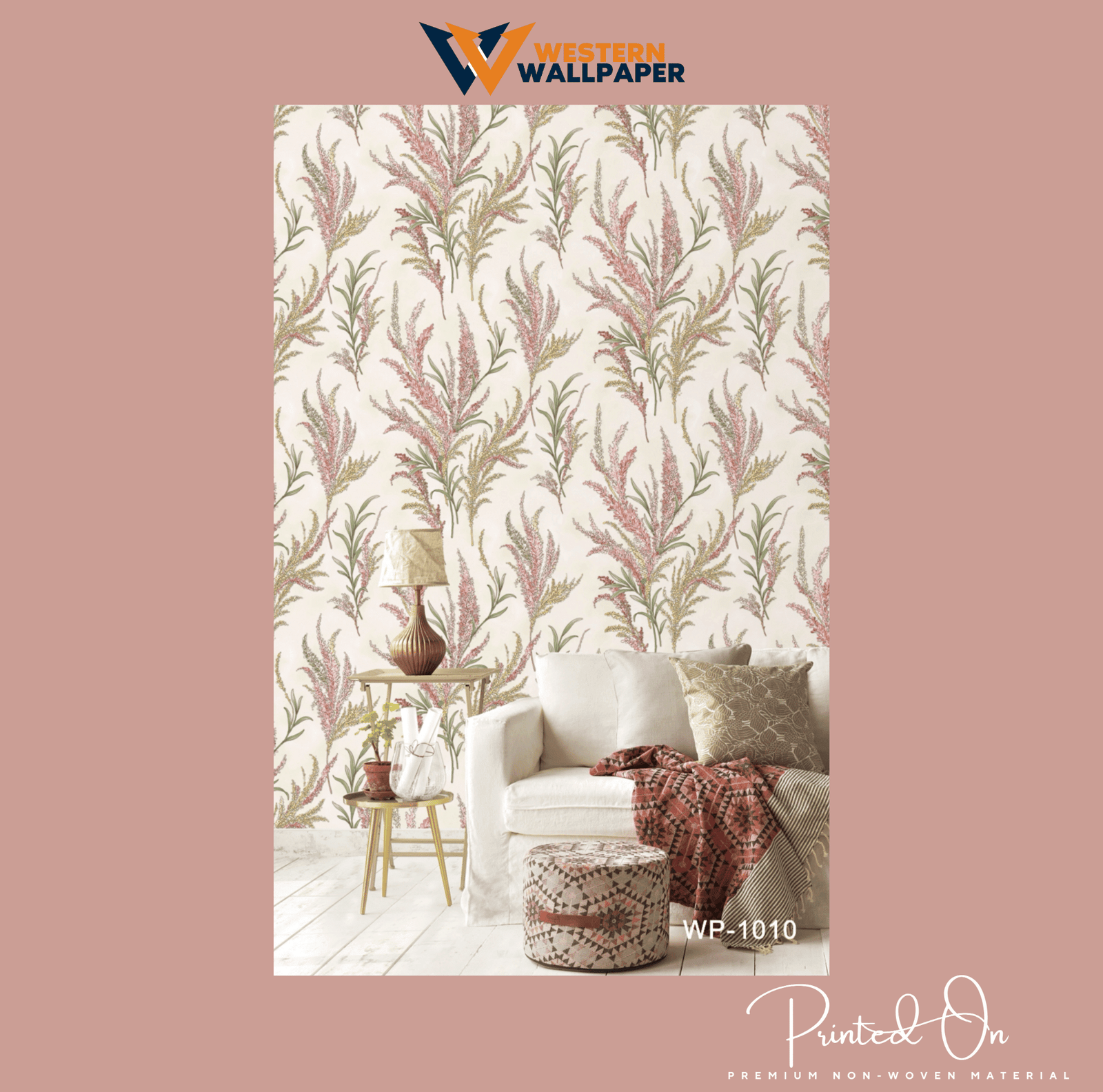 WHIMSICAL HEATHER BOTANICAL WALLPAPER IN PINK AND SAGE GREEN ON A CREAM BACKGROUND FOR A FRESH AND BOHEMIAN LIVING ROOM WALLPAPER.