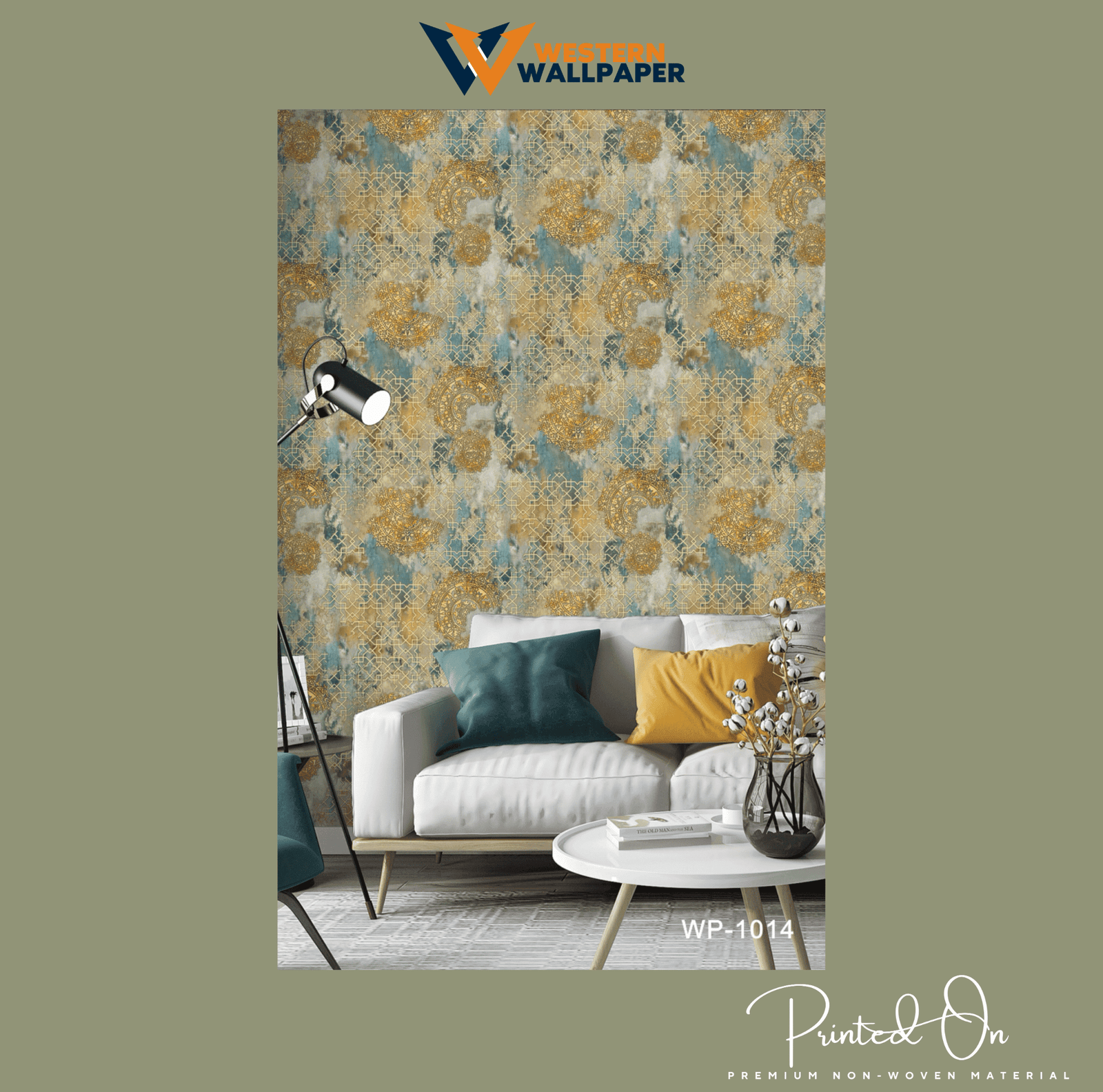 ABSTRACT MEDALLION WALLPAPER IN SHIMMERING GOLD AND DISTRESSED TEAL FOR A BOLD AND ARTISANAL LIVING ROOM WALLPAPER