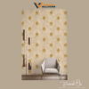 REGAL MEDALLION WALLPAPER IN SHIMMERING GOLD ON A WARM BEIGE BACKGROUND FOR A SOPHISTICATED OFFICE OR LOUNGE WALLPAPER.