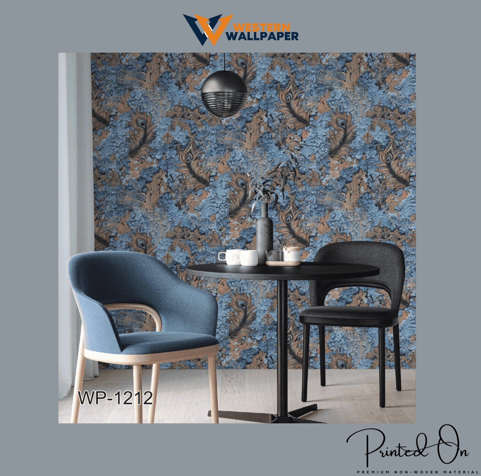 PEACOCK FEATHER WALLPAPER IN BLUE, ORANGE, AND GOLD FOR A BOLD, ARTISTIC, AND ELEGANT STATEMENT WALL WALLPAPER.