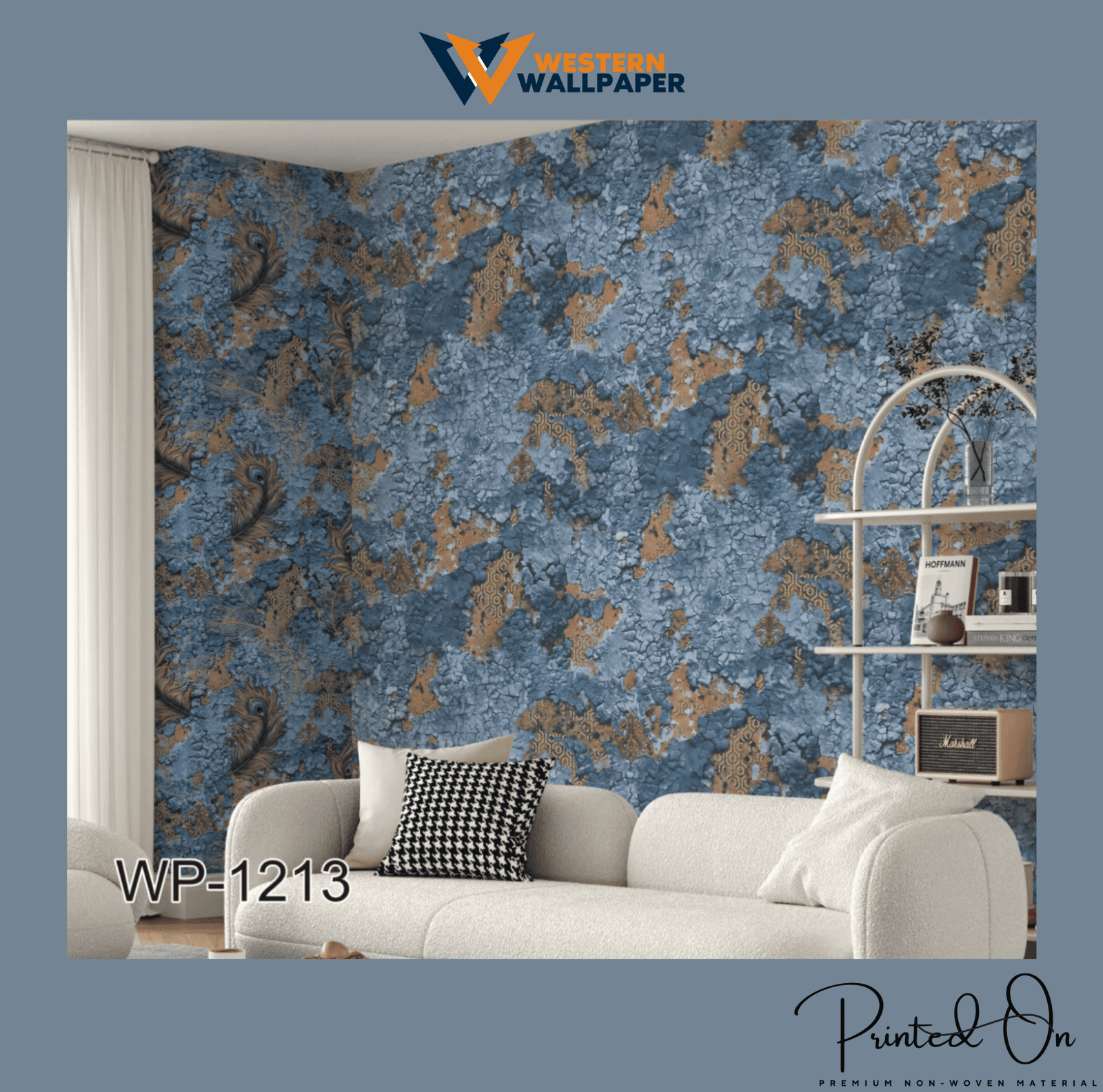 BROWN AND BLUE MARBLE-LIKE WALLPAPER WITH FEATHER PATTERN FOR A BOLD, ARTISTIC, AND SOPHISTICATED LIVING ROOM STATEMENT WALLPAPER.