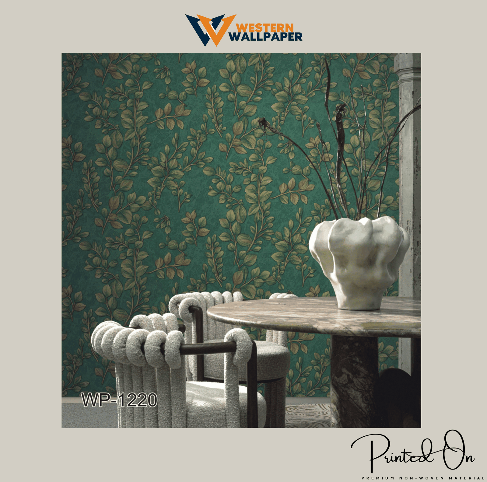 VINTAGE LEAF PATTERN WALLPAPER IN GREEN AND GOLD FOR A LUXURIOUS AND NATURE-INSPIRED DINING AREA WALLPAPER.