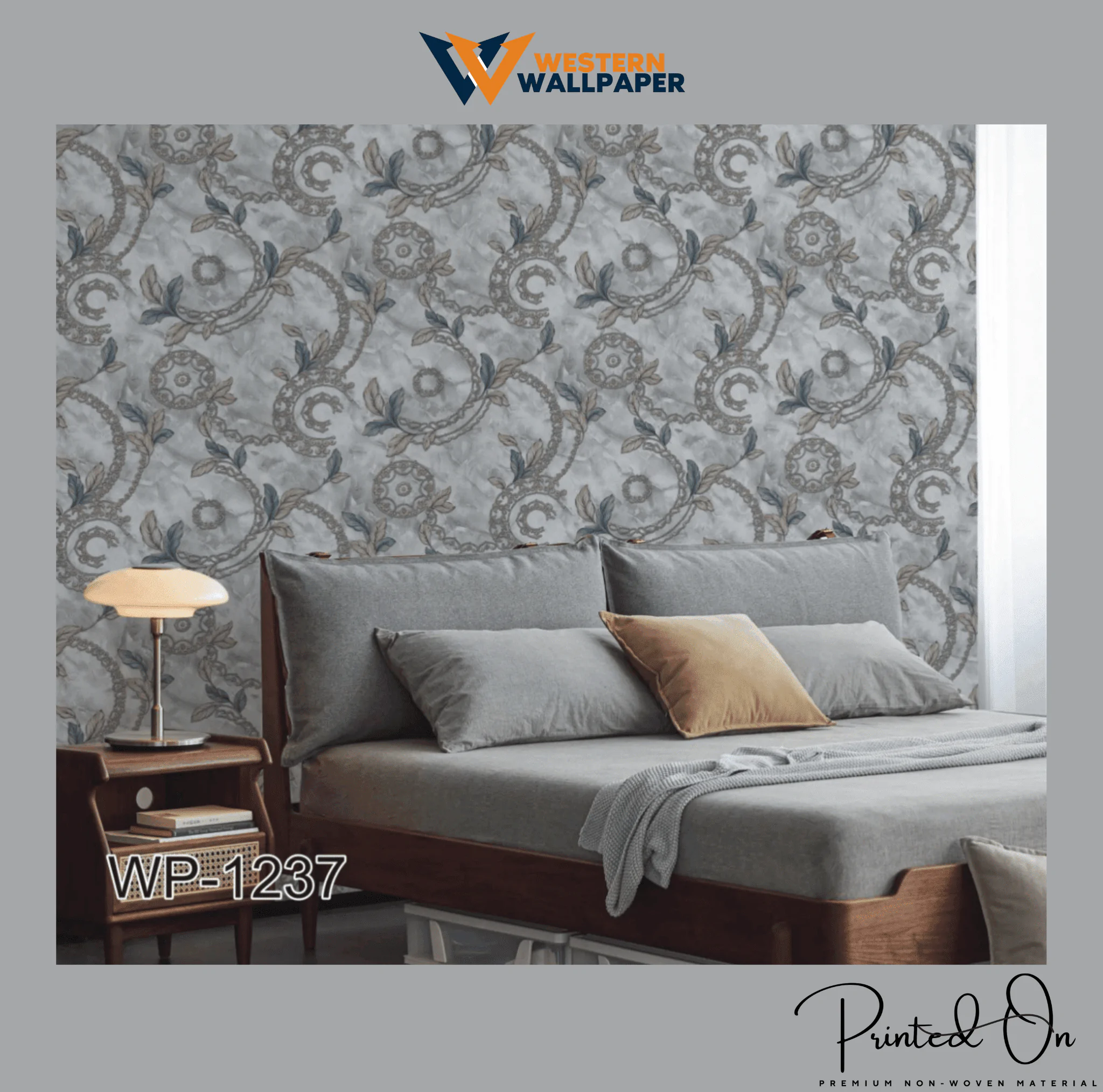 ABSTRACT FLORAL AND VINE PATTERN WALLPAPER IN GREY AND BLUE FOR A SOFT, ELEGANT, AND VINTAGE-INSPIRED BEDROOM WALLPAPER