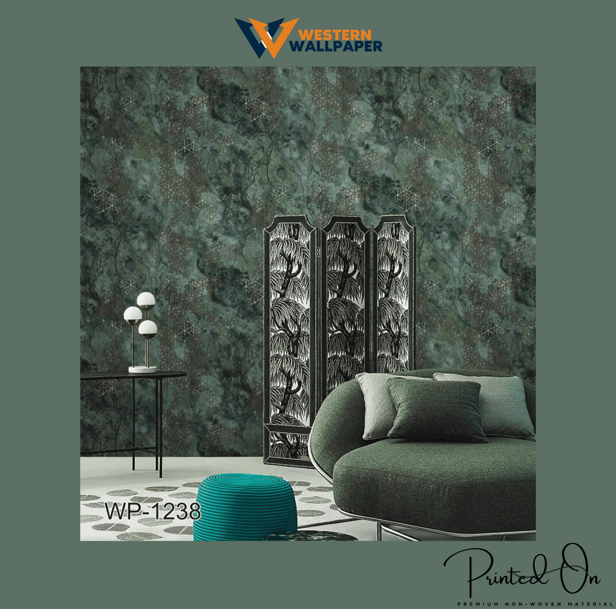 DEEP GREEN AND GOLD ABSTRACT WALLPAPER FOR A LUXURIOUS AND BOLD LIVING ROOM STATEMENT WALLPAPER.