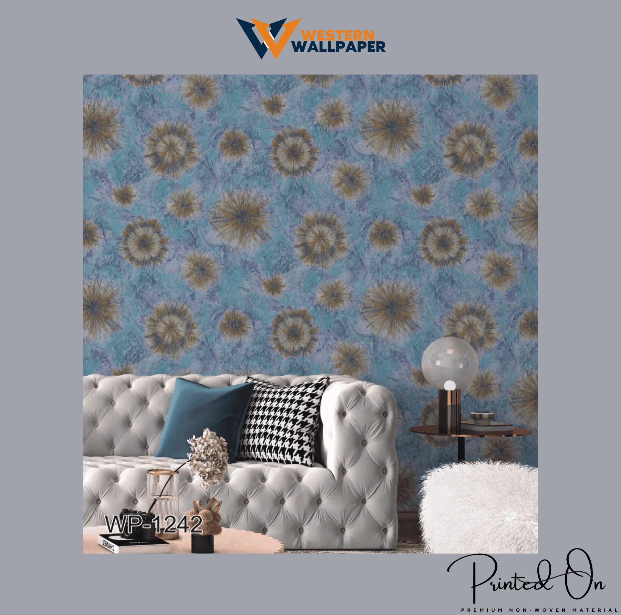 ABSTRACT FLOWER PATTERN WALLPAPER IN BLUE AND GOLD FOR A BOLD, ARTISTIC, AND MODERN LIVING ROOM STATEMENT WALL WALLPAPER