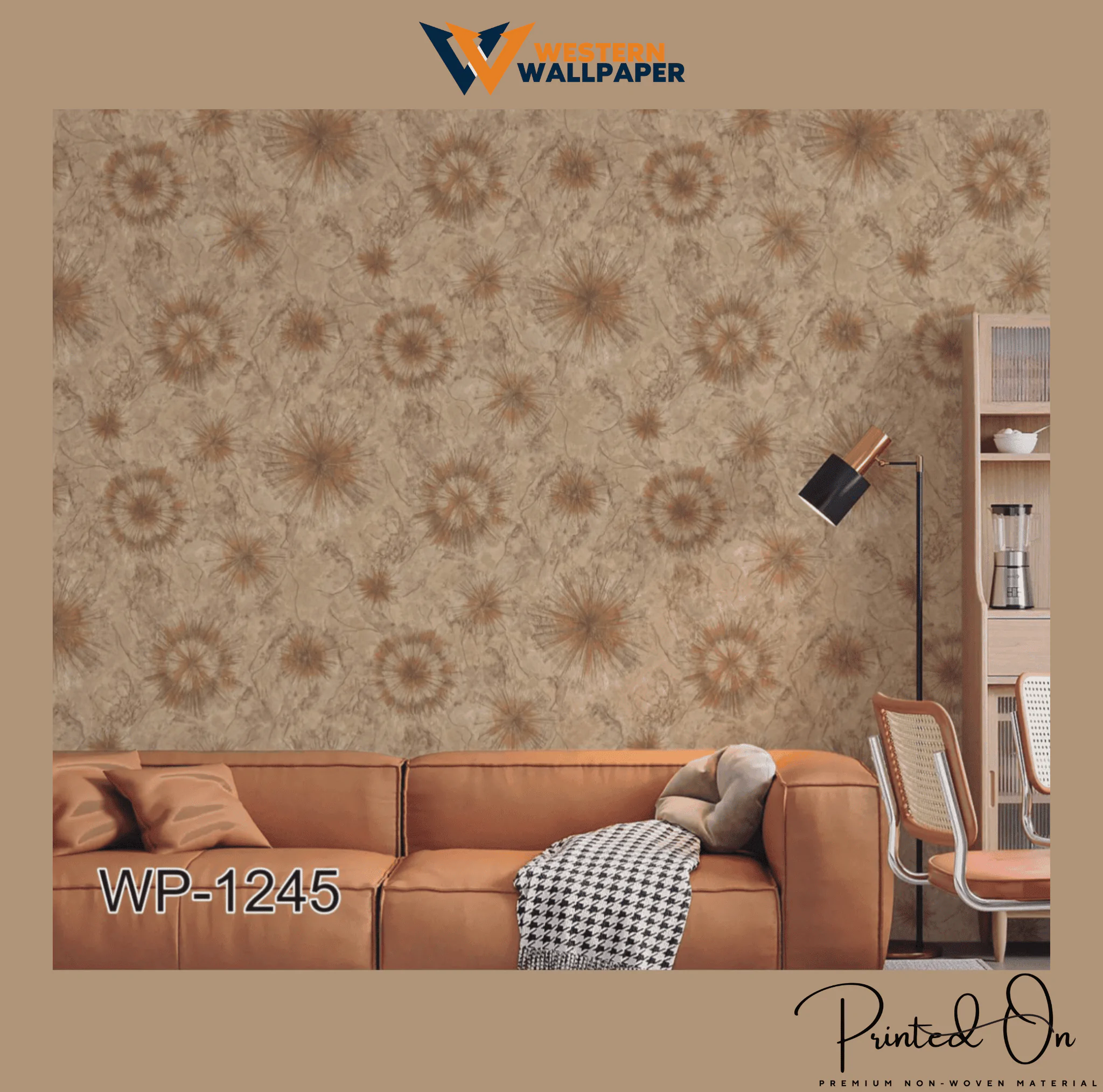 ABSTRACT SUNBURST WALLPAPER IN BROWN AND GOLD FOR A MODERN, ARTISTIC, AND WARM LIVING ROOM AESTHETIC WALLPAPER.