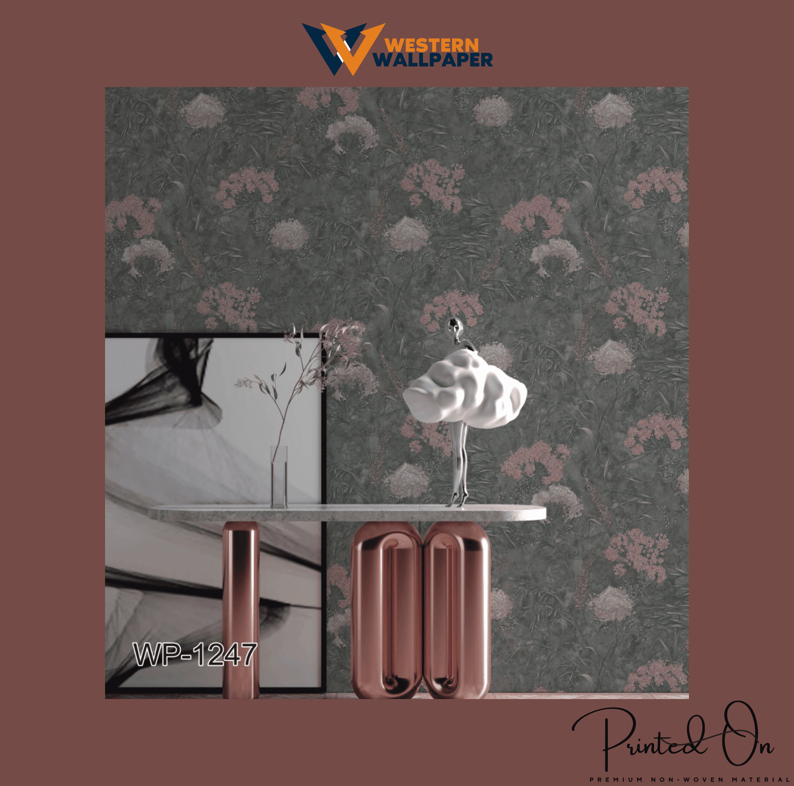 PINK AND GOLD BOTANICAL WALLPAPER ON A GREY BACKGROUND FOR A VINTAGE-INSPIRED, ELEGANT STATEMENT WALL WALLPAPER.