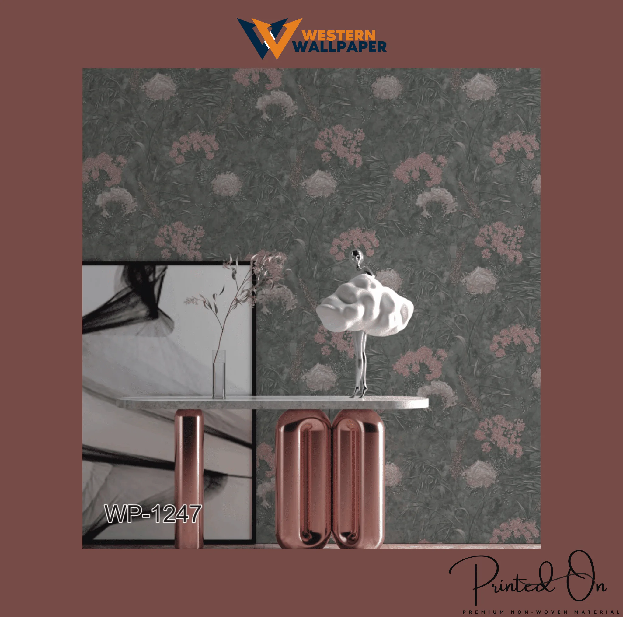 PINK AND GOLD BOTANICAL WALLPAPER ON A GREY BACKGROUND FOR A VINTAGE-INSPIRED, ELEGANT STATEMENT WALL WALLPAPER.