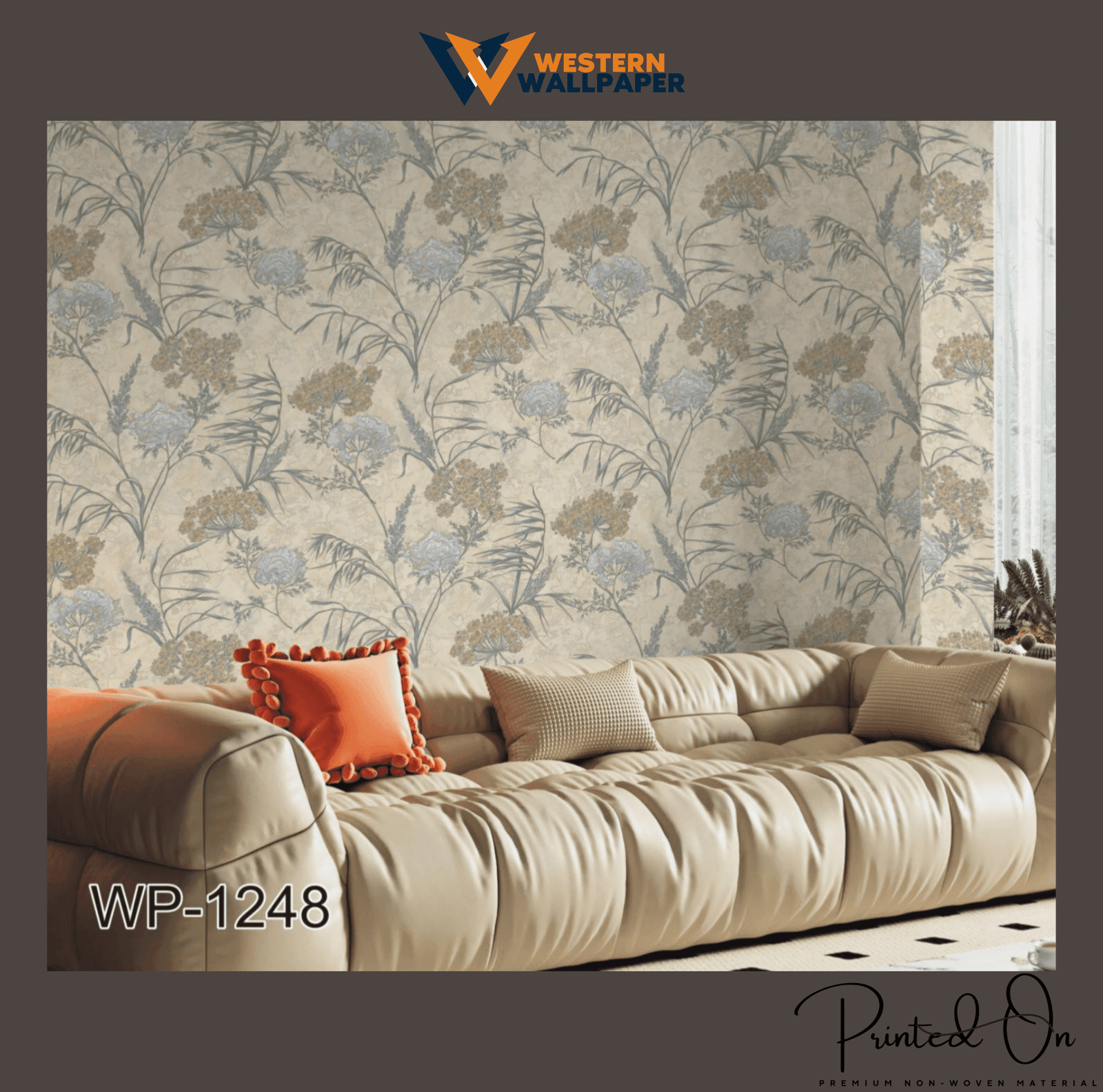 FLORAL AND LEAF PATTERN WALLPAPER IN BEIGE, BLUE, AND YELLOW FOR A VINTAGE, ELEGANT, AND NATURE-INSPIRED AESTHETIC WALLPAPER.
