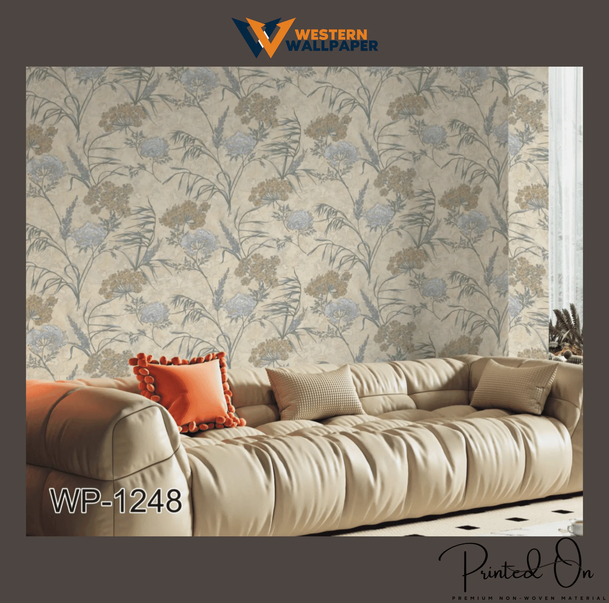 FLORAL AND LEAF PATTERN WALLPAPER IN BEIGE, BLUE, AND YELLOW FOR A VINTAGE, ELEGANT, AND NATURE-INSPIRED AESTHETIC WALLPAPER.