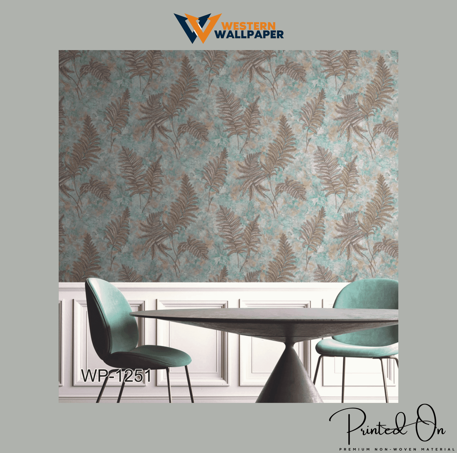 ELEGANT FERNS AND LEAVES WALLPAPER IN BLUE AND GOLD FOR A VINTAGE, NATURE-INSPIRED DINING AREA WALLPAPER.