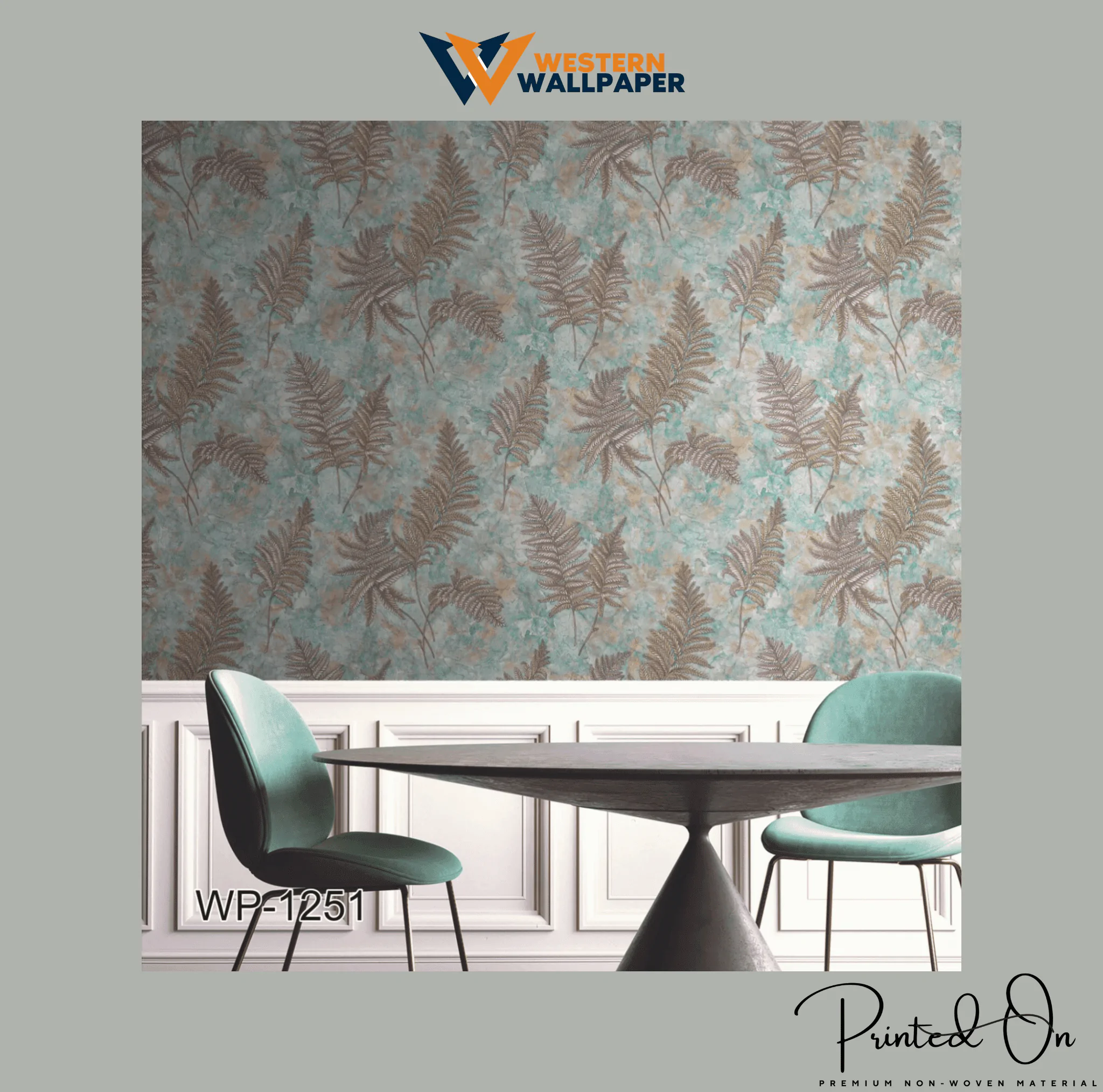 ELEGANT FERNS AND LEAVES WALLPAPER IN BLUE AND GOLD FOR A VINTAGE, NATURE-INSPIRED DINING AREA WALLPAPER.