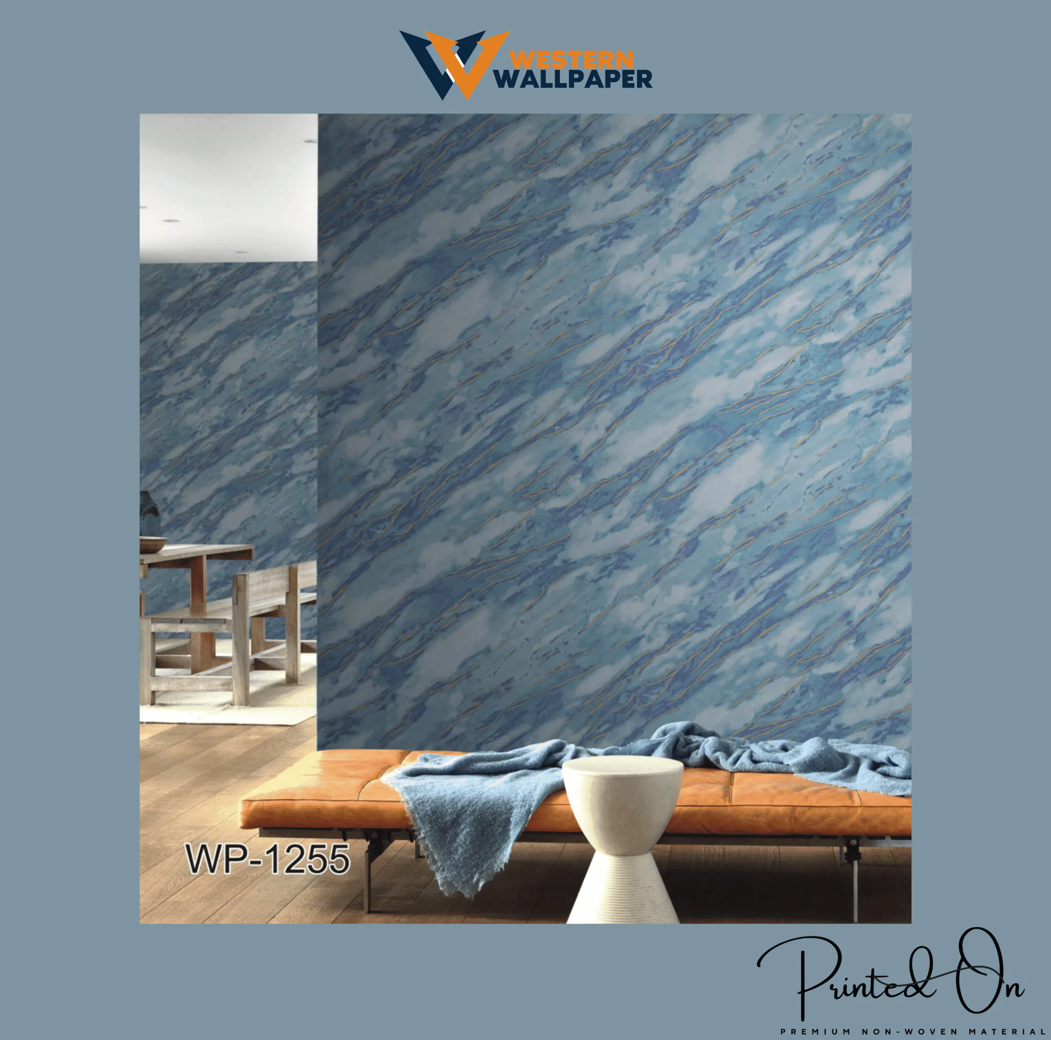 PALE BLUE MARBLE PATTERN WALLPAPER WITH GOLD ACCENTS FOR A MODERN, ARTISTIC, AND LUXURIOUS LIVING SPACE WALLPAPER.
