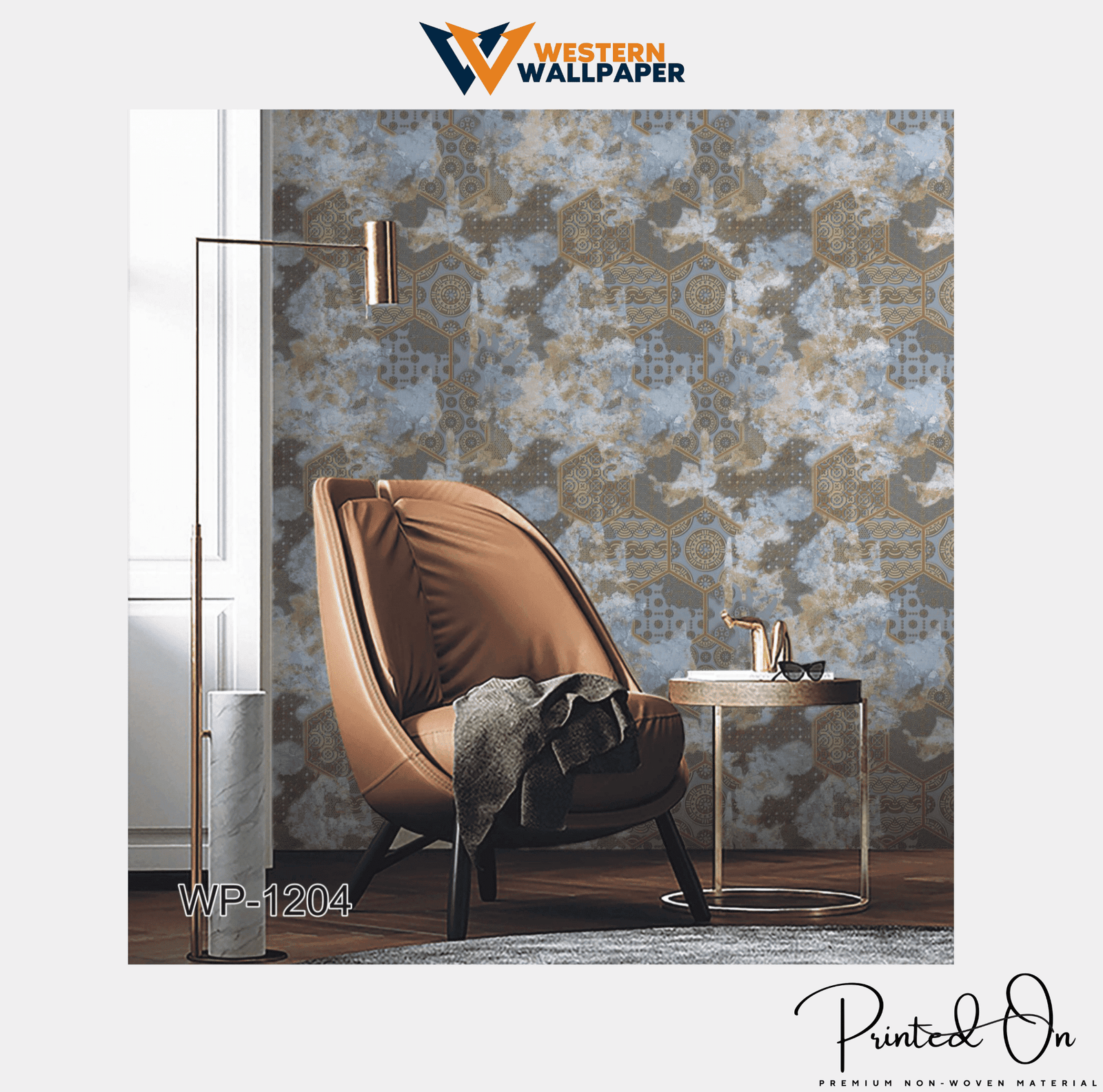 ABSTRACT GEOMETRIC WALLPAPER IN BLUE, BROWN, AND GOLD FOR A BOLD, LUXURIOUS, AND ARTISTIC STATEMENT WALL WALLPAPER.