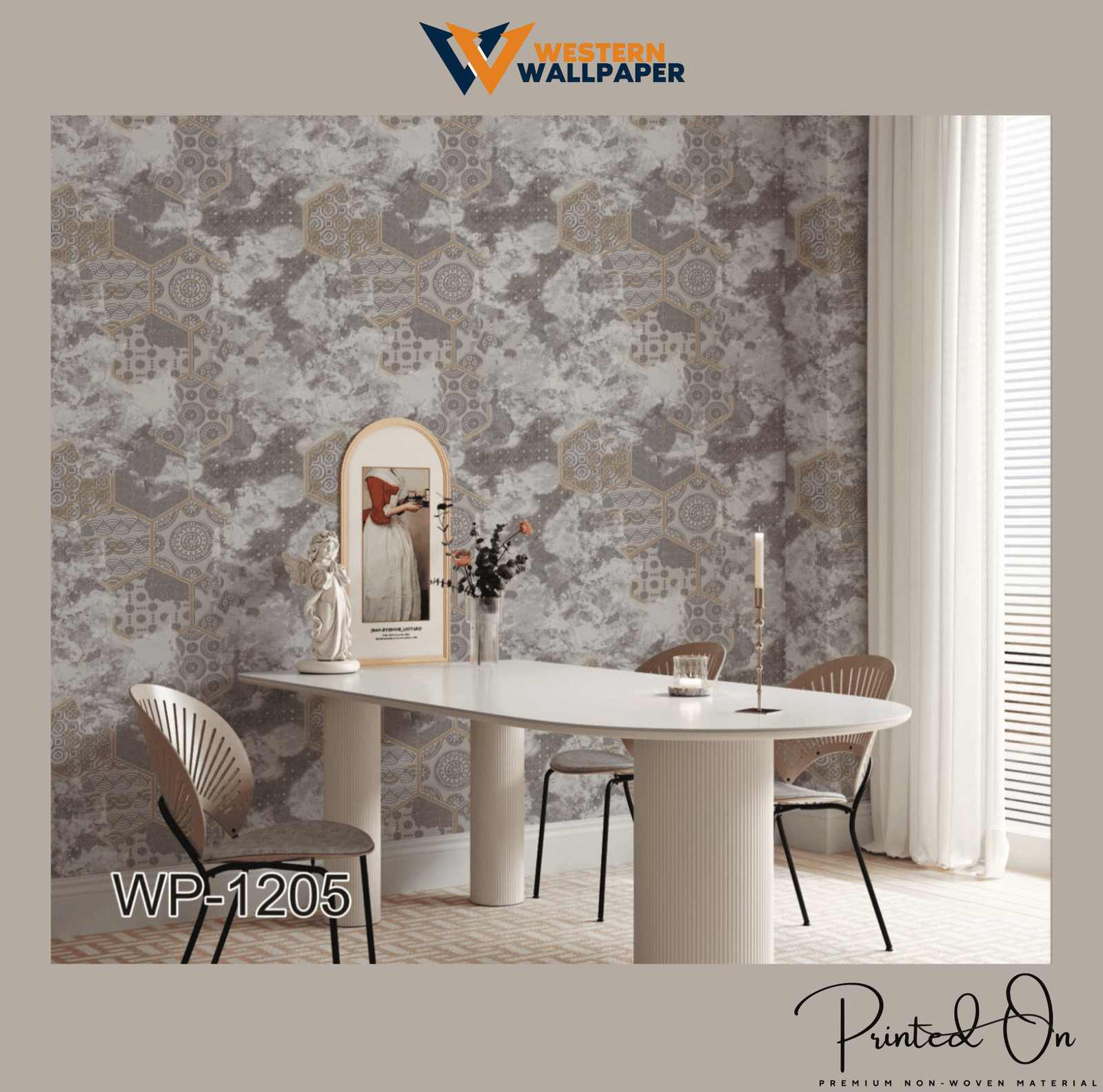 ABSTRACT GEOMETRIC WALLPAPER IN BLUE, BROWN, AND GOLD FOR A BOLD, LUXURIOUS, AND ARTISTIC STATEMENT WALL WALLPAPER.