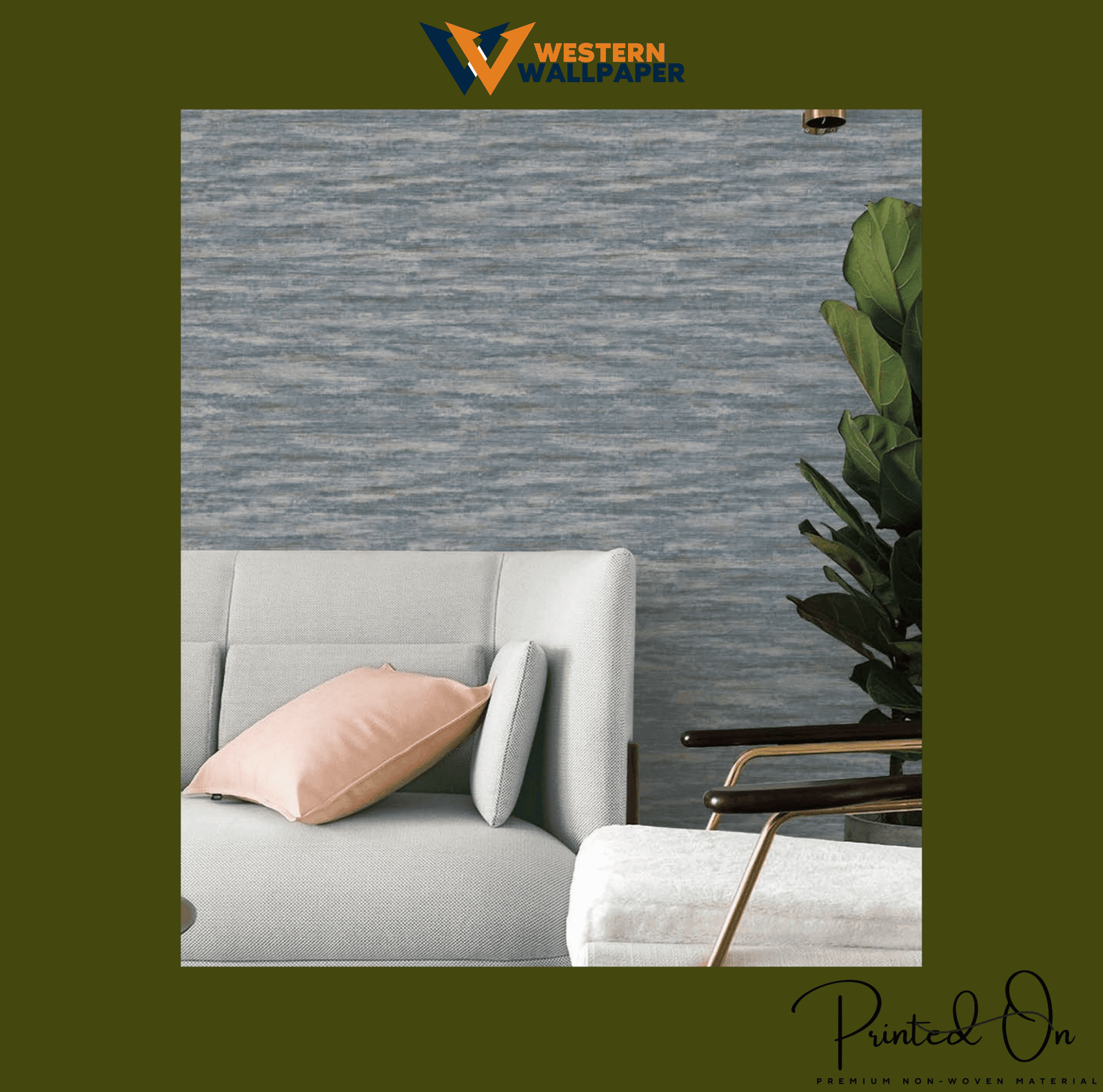 HORIZONTAL DISTRESSED TEXTURE WALLPAPER IN MUTED BLUE AND GREY FOR A CALM AND CONTEMPORARY LIVING ROOM WALLPAPER.