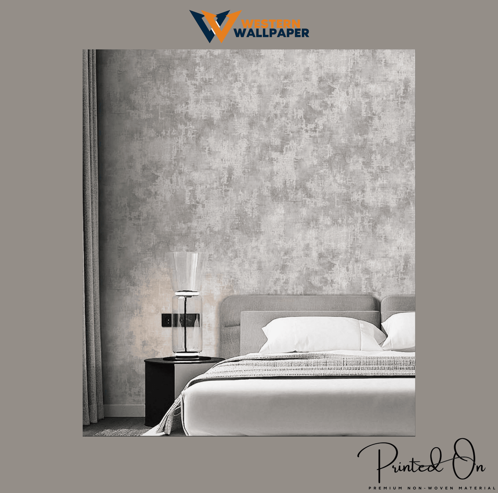 DISTRESSED ABSTRACT TEXTURE WALLPAPER IN MUTED GREY AND WHITE FOR A MODERN AND INDUSTRIAL BEDROOM WALLPAPER.