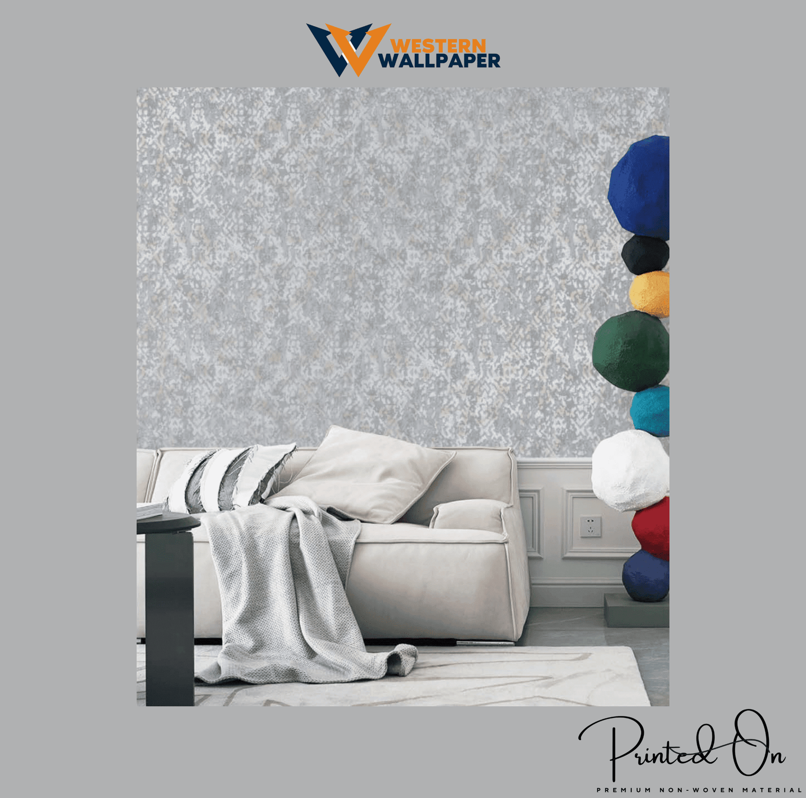 ABSTRACT TEXTILE PRINT WALLPAPER IN LIGHT GREY AND SUBTLE GOLD FOR A MODERN AND ELEGANT LIVING ROOM WALLPAPER.
