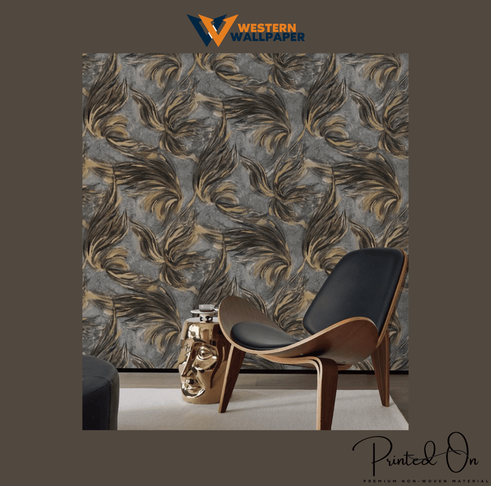 DRAMATIC ABSTRACT FEATHER WALLPAPER IN BLACK, GREY, AND GOLD FOR A BOLD AND ARTISTIC ACCENT WALLPAPER.