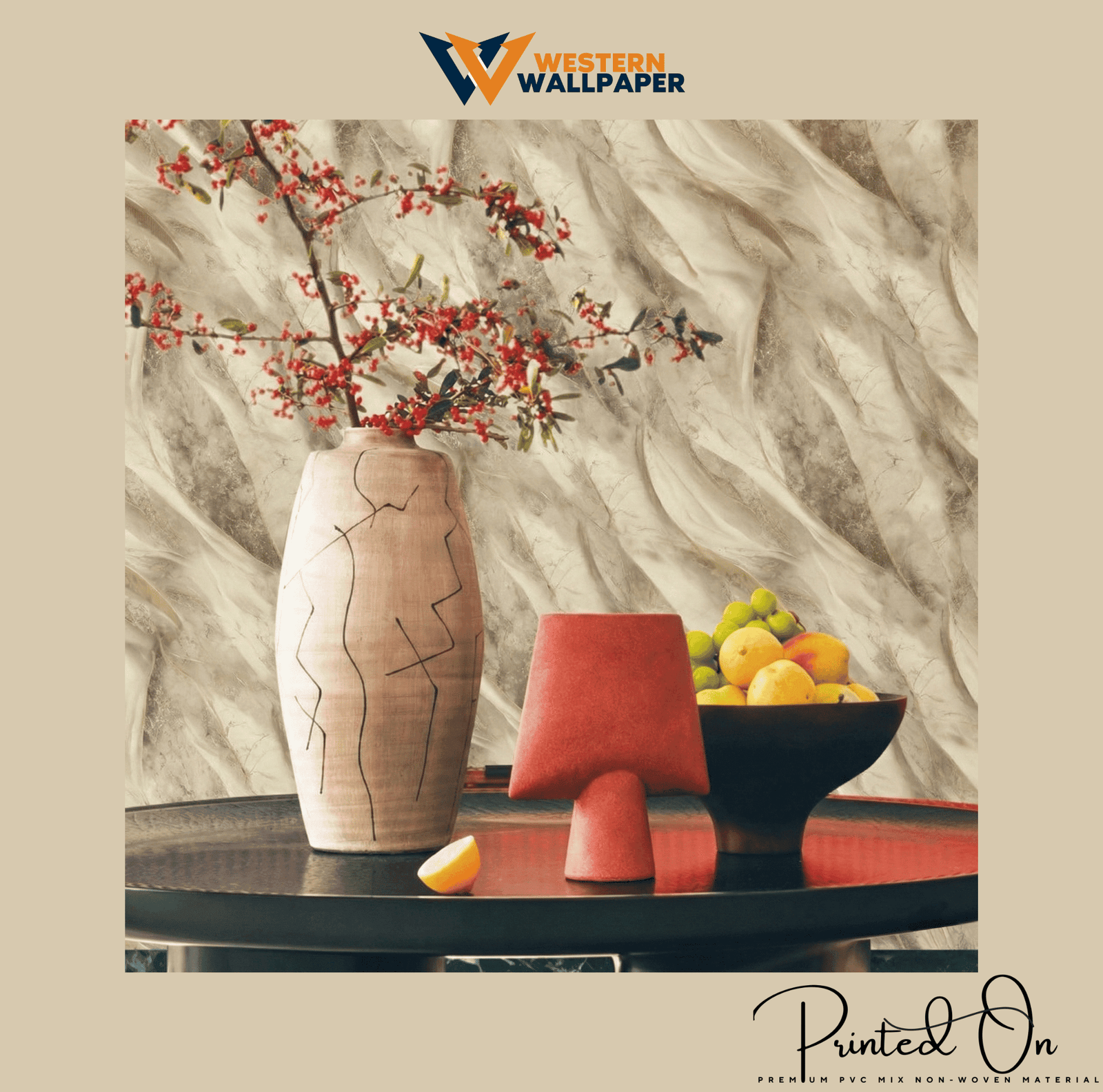 LUXE FEATHERED MARBLE WALLPAPER IN DESERT SAND