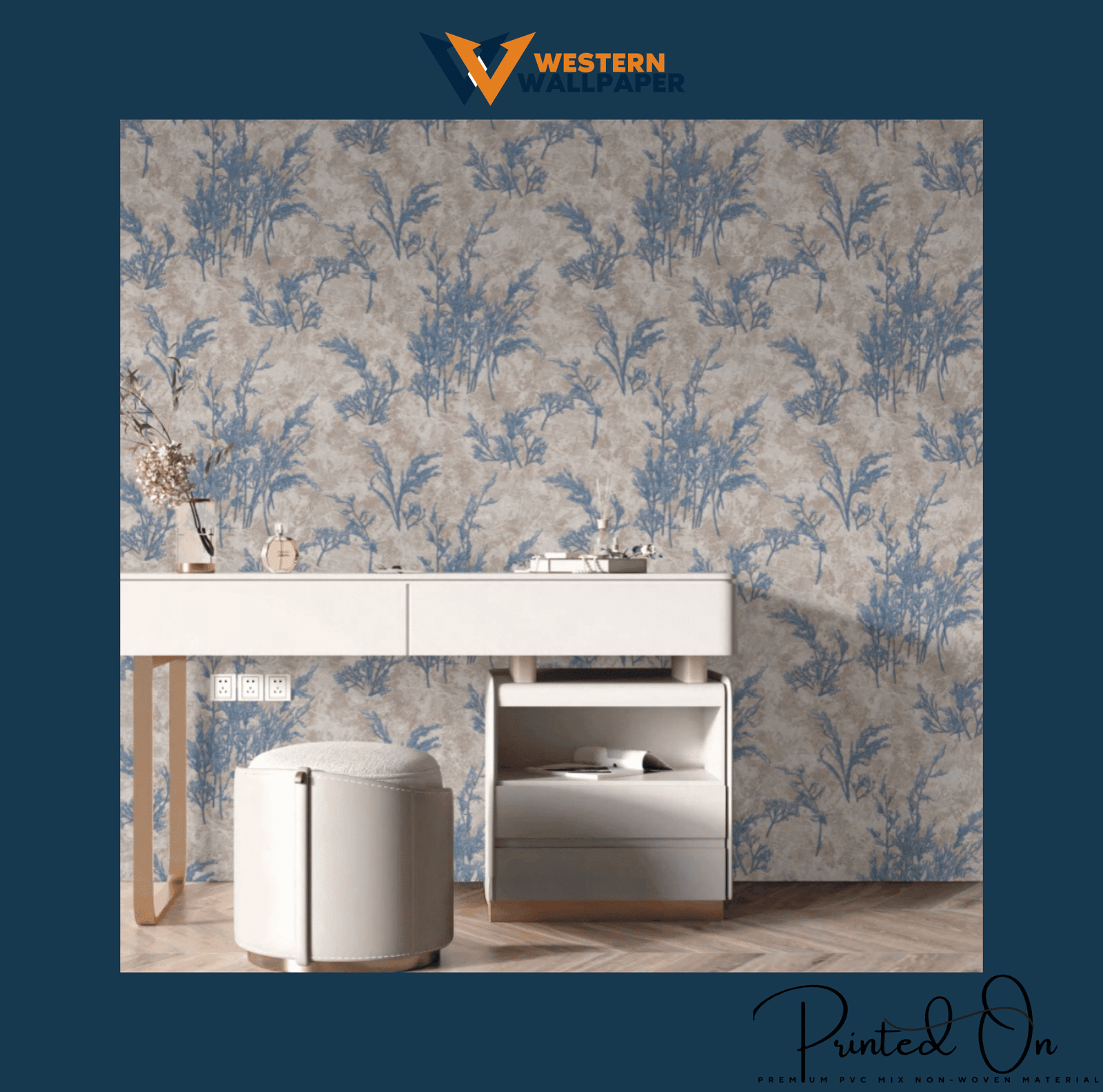 SERENE COASTAL SHRUB WALLPAPER IN COBALT AND DUSTY BEIGE