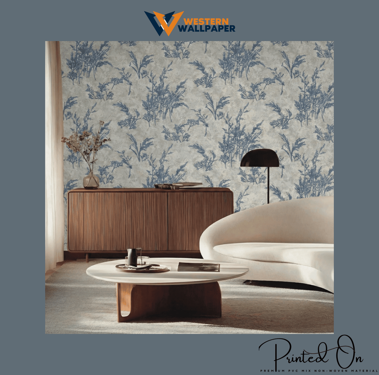 RUSTIC COASTAL SHRUB WALLPAPER IN INDIGO AND SAND