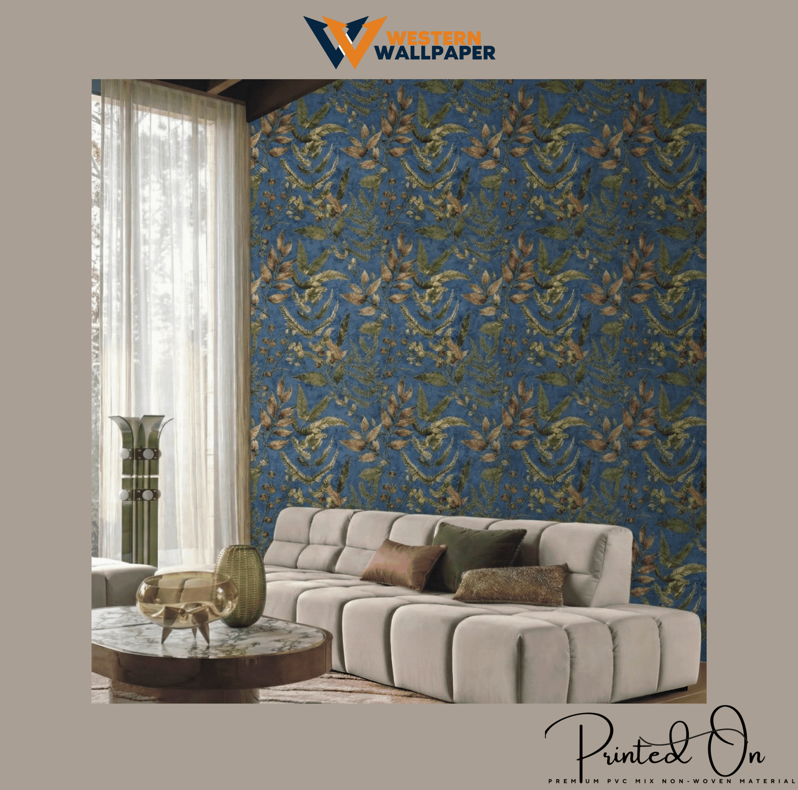 TEXTURED BOTANICAL FERN WALLPAPER IN ROYAL BLUE AND BRONZE