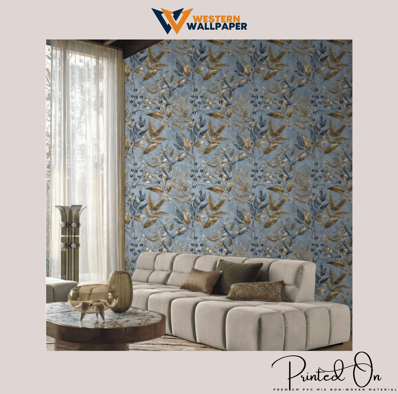 TEXTURED BOTANICAL FERN WALLPAPER IN SKY BLUE AND GOLD