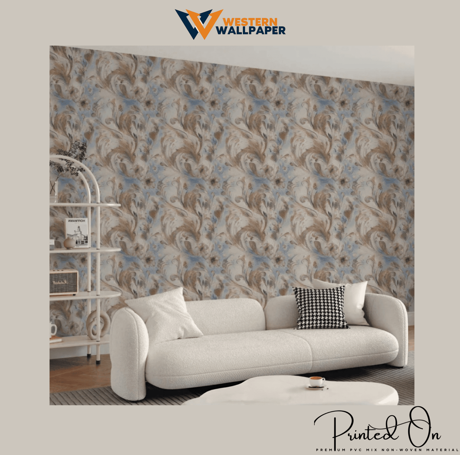 LUXE DAMASK SWIRL WALLPAPER IN CARAMEL AND ICE BLUE