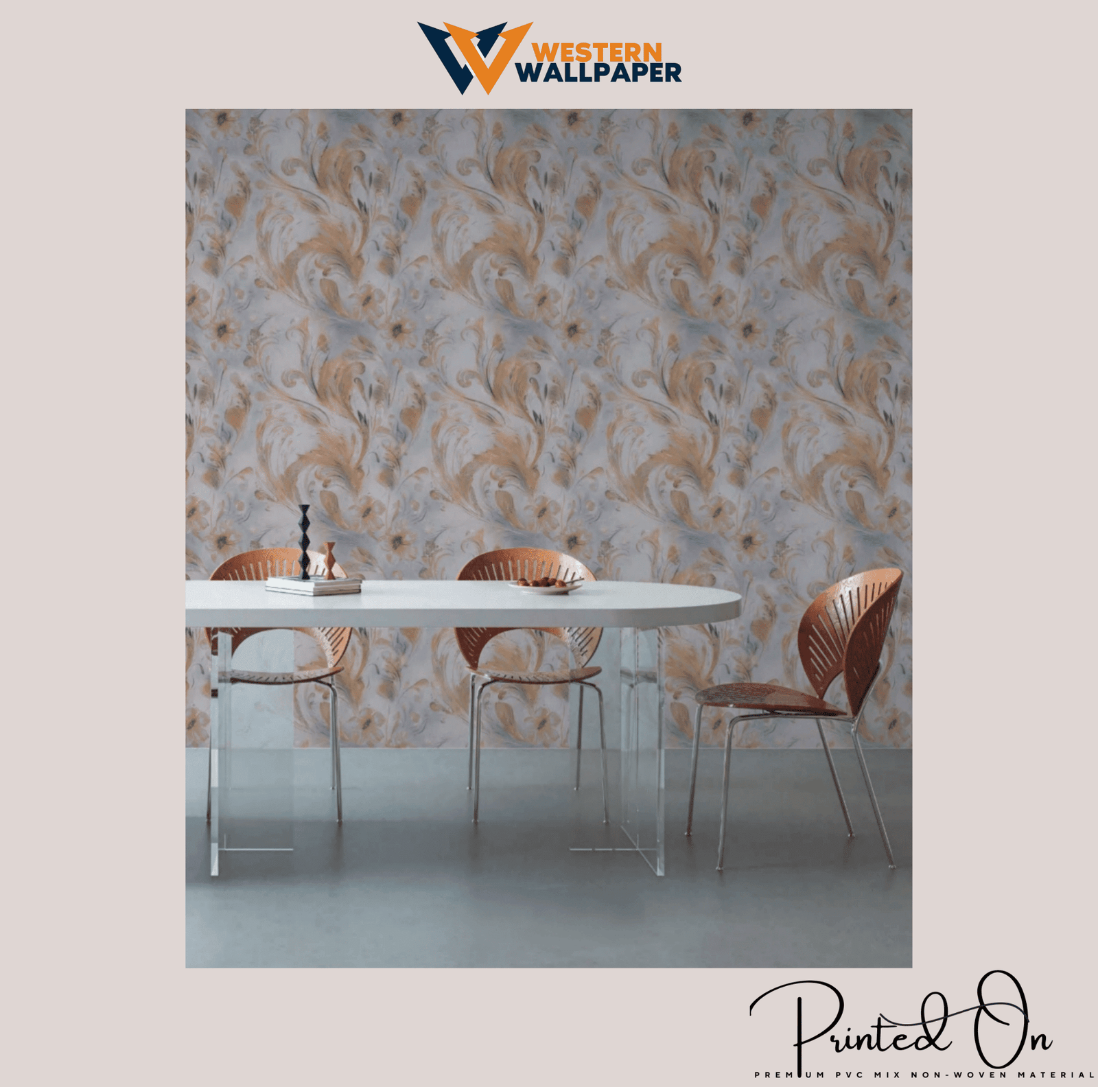 LUXE DAMASK SWIRL WALLPAPER IN APRICOT AND PERIWINKLE