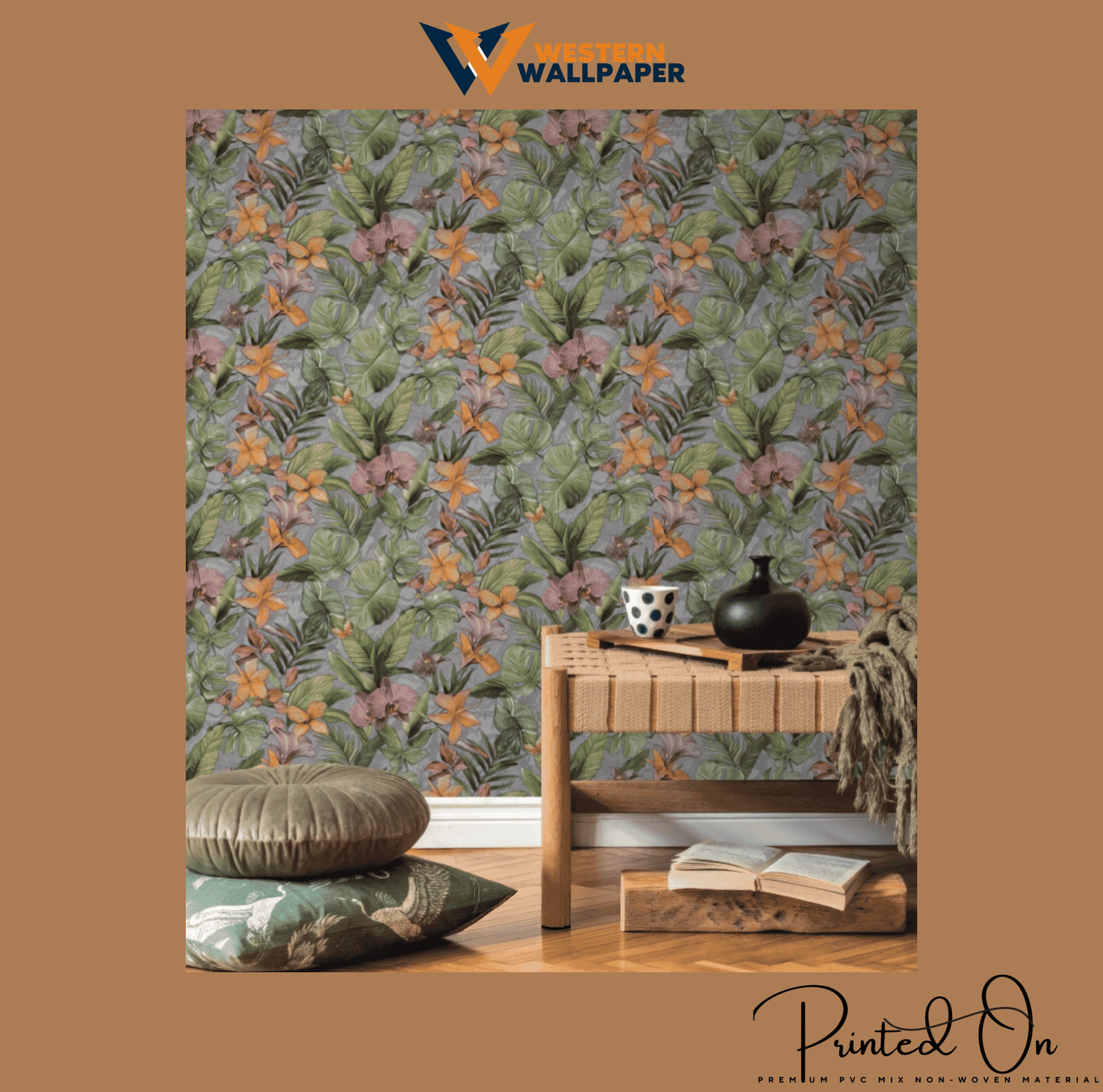 LUSH TROPICAL BOTANICAL WALLPAPER IN DOVE GREY AND CORAL